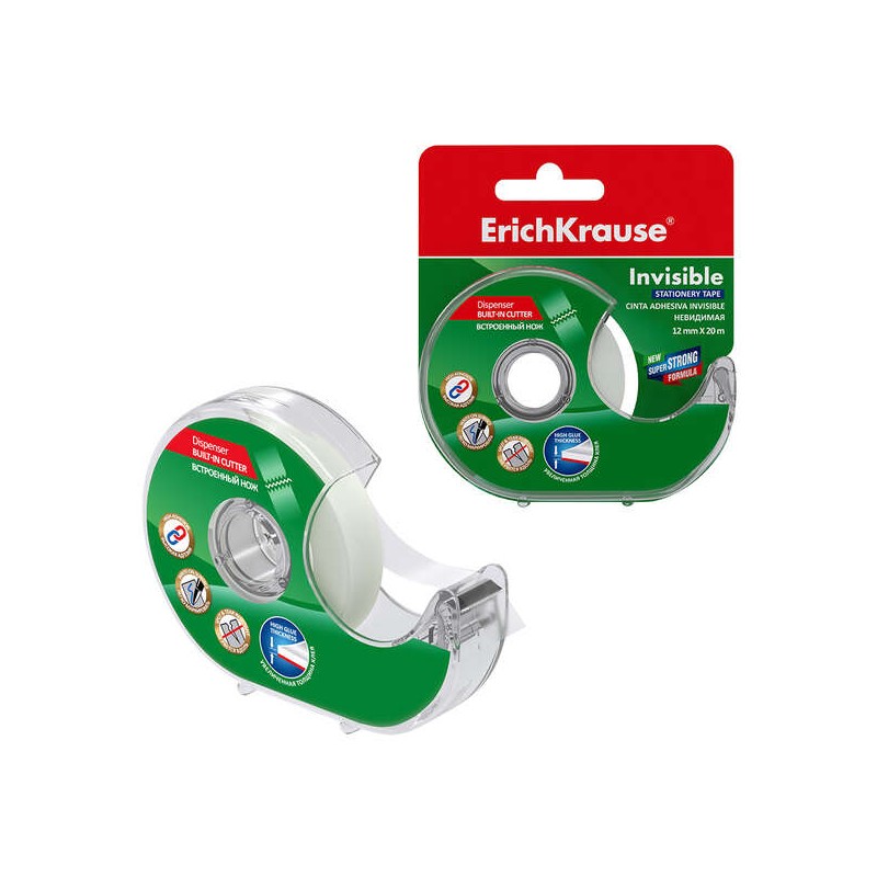 Erichkrause Nastro adesivo invisibile con applicatore 12mmx20m - Superficie opaca - Scrivibile - Trasparente