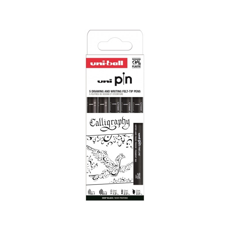 Confezione da 5 penne calibrate Uni-ball Uni Pin Calligraphy 0.1. 0.5. Chisel 1.0. Chisel 2.0 e Chisel 3.0 - Inchiostro 