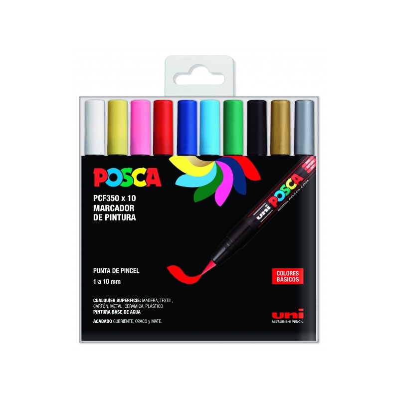 Posca PCF-350/10C Set di 10 pennarelli a base d'acqua - Punta a pennello per pittura acrilica - Non permanente - Resiste