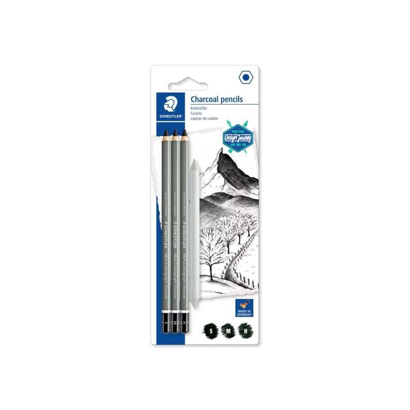 Staedtler Mars Lumograph Charcoal 100C Confezione da 3 matite di grafite + diffusore - Carboncino e carbone ad alto rapp