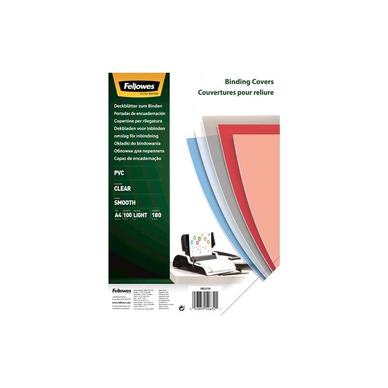 Fellowes Confezione da 100 copertine per rilegatura A4 in PVC 180 Micron - Trasparente