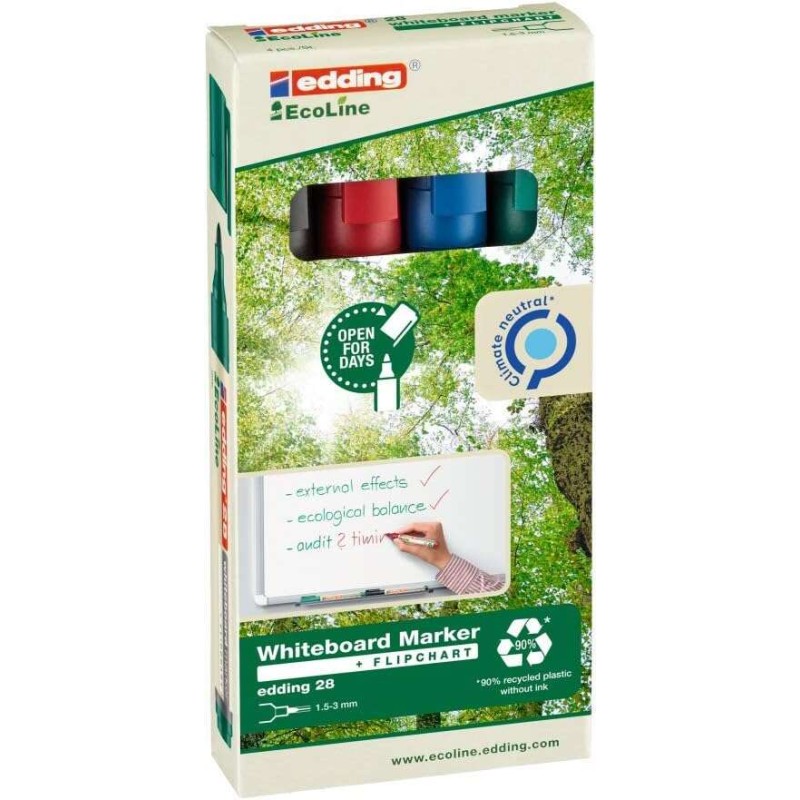 Edding 28 EcoLine Confezione da 4 pennarelli per lavagna bianca - Punta tonda - Tratto 1.5-3 mm - 90% plastica riciclata
