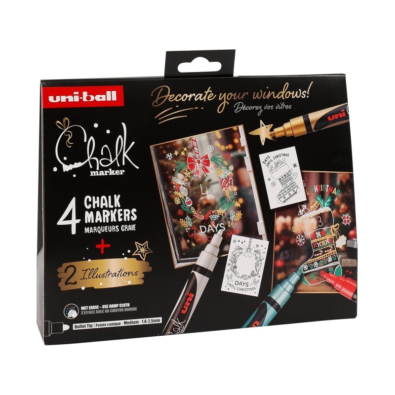 Uni-ball Chalk Christmas Colours Confezione da 4 pennarelli a gesso liquido + poster - Punta conica 1.8-2.5 mm - Cancell