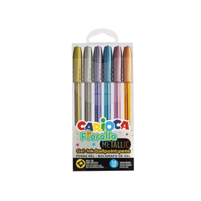 Carioca Fiorella Metallic confezione da 6 penne a sfera colorate a inchiostro gel - Punta a sfera 1 mm - Corpo trasparen