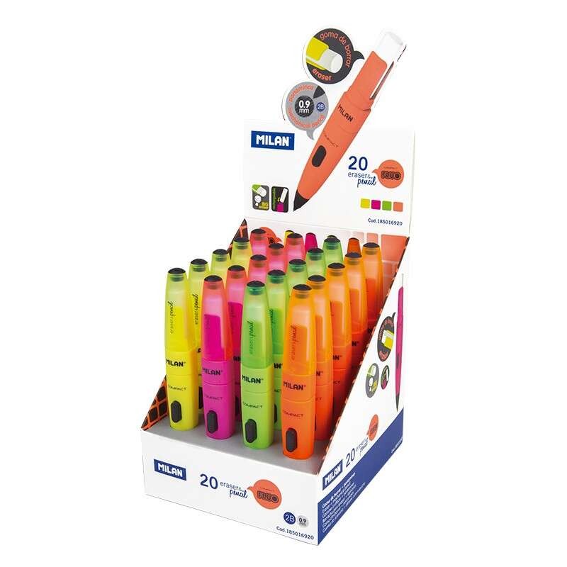 Milan Capsule Fluo Display da 20 matite meccaniche con gomma - 0.9 mm 2B Grafite - Pulsante meccanico - Gomma extra larg