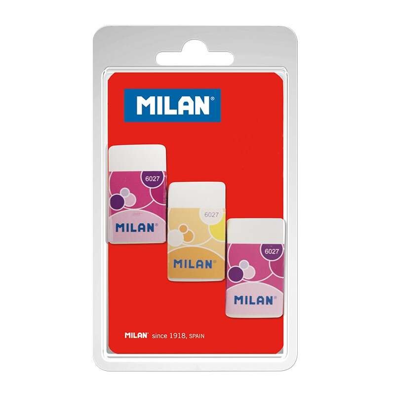 Milan Nata 6027 Confezione da 3 Gomme rettangolari - Briciole di pane - Plastica - Scatola di cartone in colori assortit