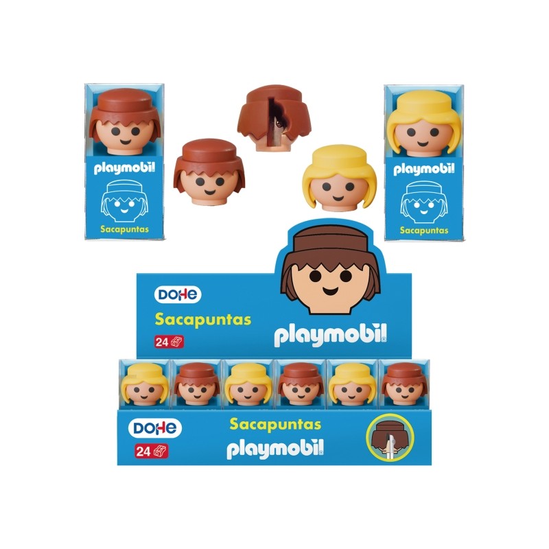 Espositore Dohe Playmobil di 24 temperamatite - 1 foro e lama d'acciaio - A forma di bambole Playmobil