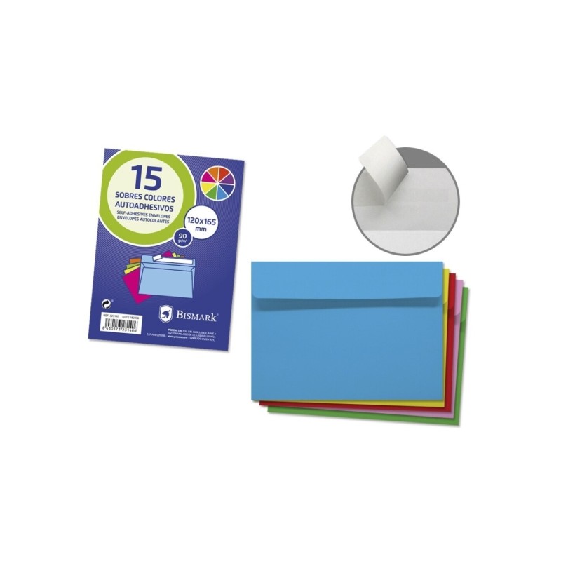 Bismark Confezione da 15 buste di carta 90gr - Formato 120x165mm - Chiusura autoadesiva - Colori assortiti