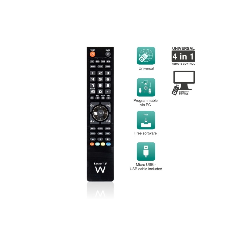 Telecomando universale 4 in 1 di Ewent - Programmabile con cavo micro USB e PC - Nero