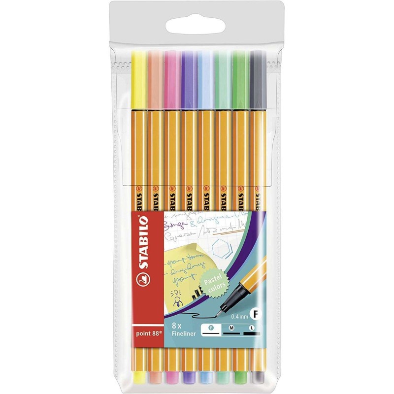 Stabilo Point 88 Confezione da 8 pennarelli a fibra fine - tratto 0.4 mm - inchiostro a base d'acqua - colori pastello a