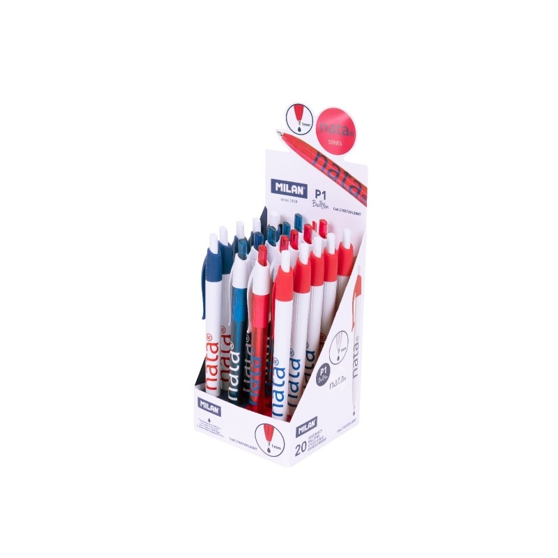 Milan P1 Nata® 624 Display da 20 penne a sfera retraibili - Punta tonda 1mm - Inchiostro blu - Fusto di colori assortit