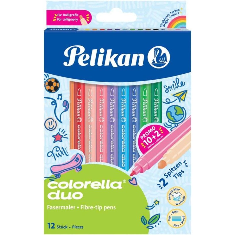 Pelikan Scatola di 12 matite per la scuola Colorella Duo C407 10+2 colori - Doppia punta fine 1mm e punta spessa 2mm - L
