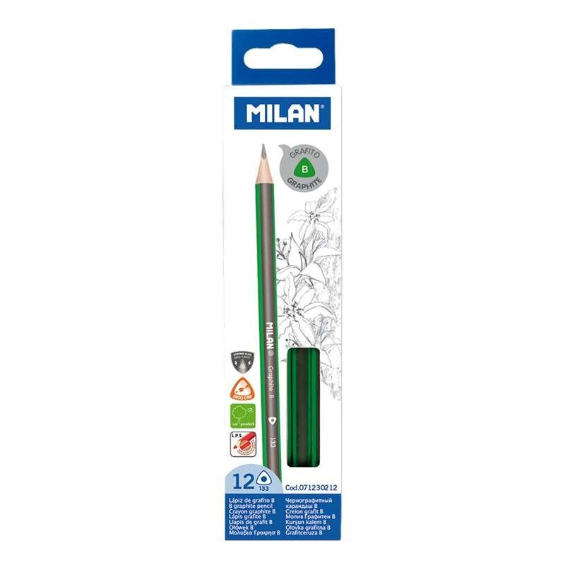 Milan Confezione da 12 matite triangolari in grafite - mina B da 2.4 mm - resistenti agli strappi - per scrivere e diseg