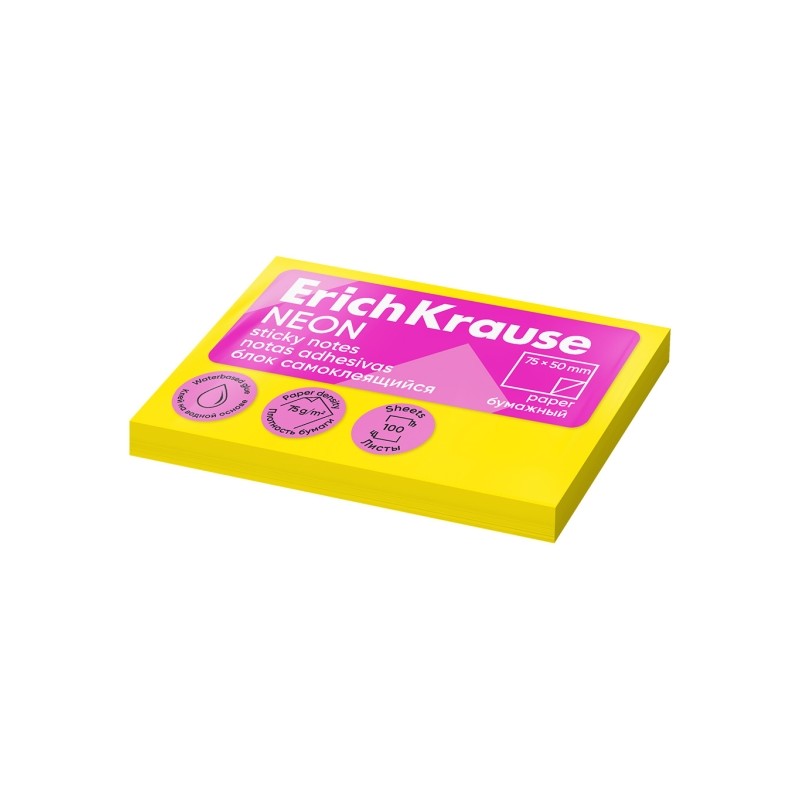 ErichKrause Blocco di 100 foglietti adesivi 50x75 mm - rimovibili - Colore giallo neon