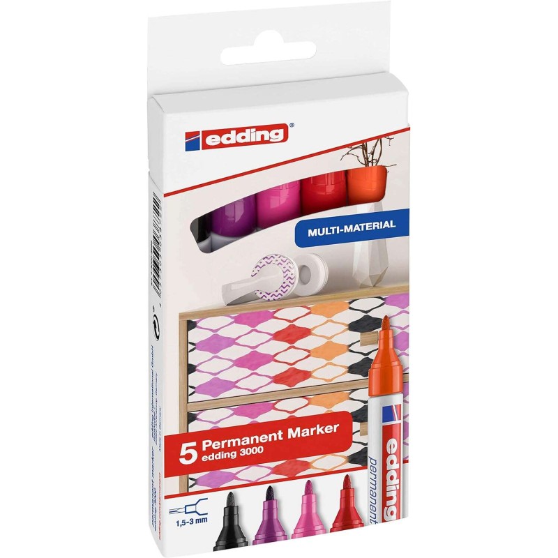 Edding 3000 Confezione da 5 penne permanenti - Colori caldi - Punta tonda da 1.5 mm - Da 1.5 a 3 mm - Ricaricabili - Asc