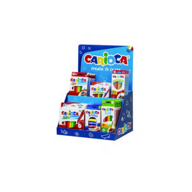 L'espositore Carioca Core include 8 Joy Box 12pz. 12 Matite Supercolor Box 12pz. 6 Tubi di tempera 12ml x 5pz. 6 Jumbo B