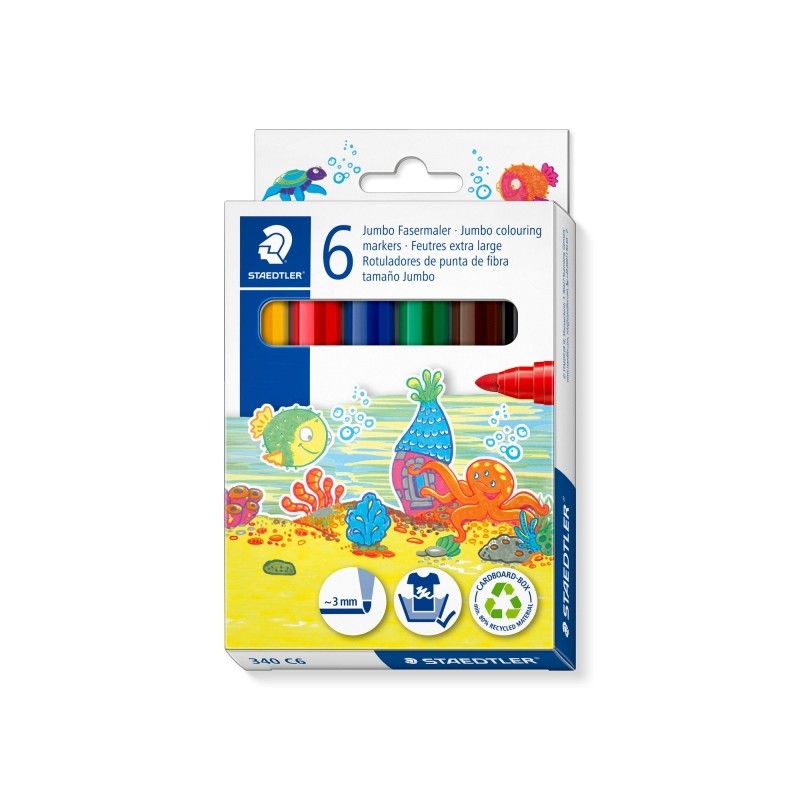 Staedtler Noris Jumbo 340 Confezione da 6 penne in fibra Jumbo - Punta in fibra - Tratto 3 mm - Cappuccio ventilato - Co