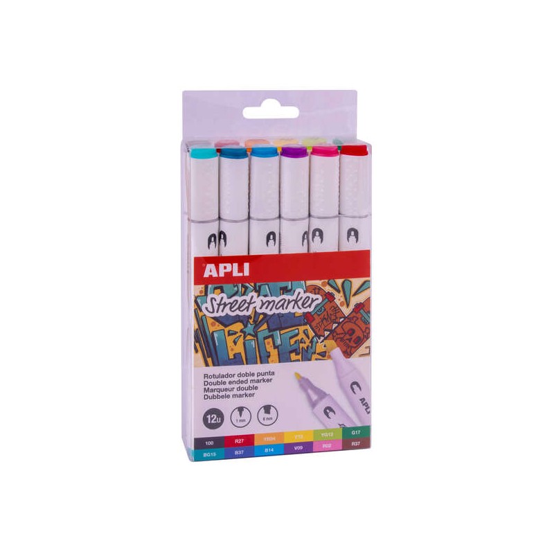 Pennarelli Apli Street a doppia punta - Punta tonda da 1 mm e punta smussata da 6 mm - Inchiostro a base di alcol - 12 c
