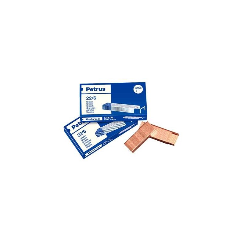 Graffette Petrus 22/6 placcate in rame - Fino a 30 fogli - Confezione da 1000 graffette - Pin da 6 mm