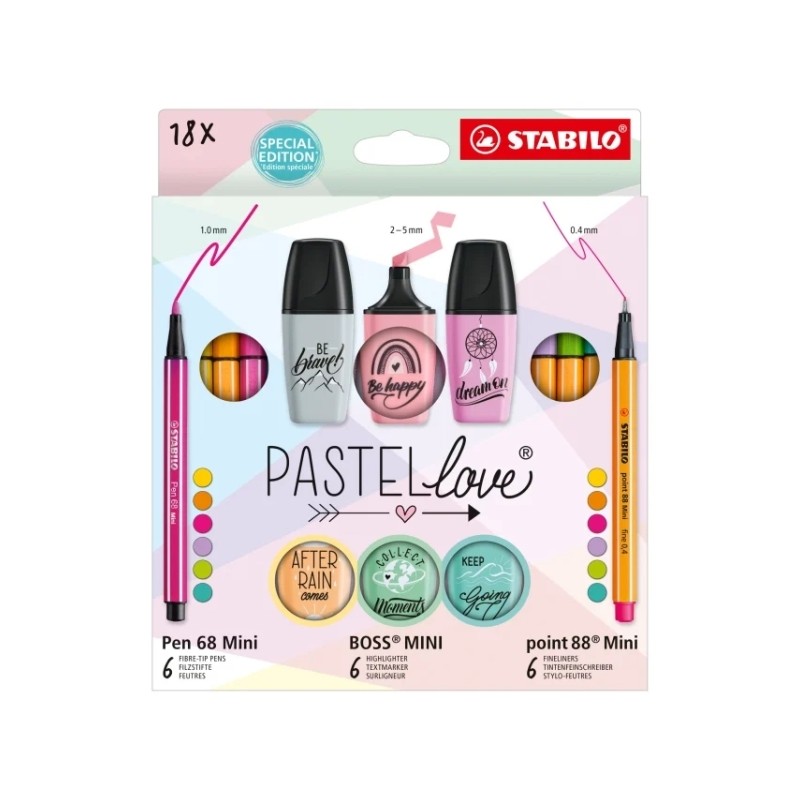 Stabilo Pastellove Confezione da 18 pennarelli e evidenziatori - 6 mini pennarelli Premium Pen 68. 6 mini pennarelli Poi