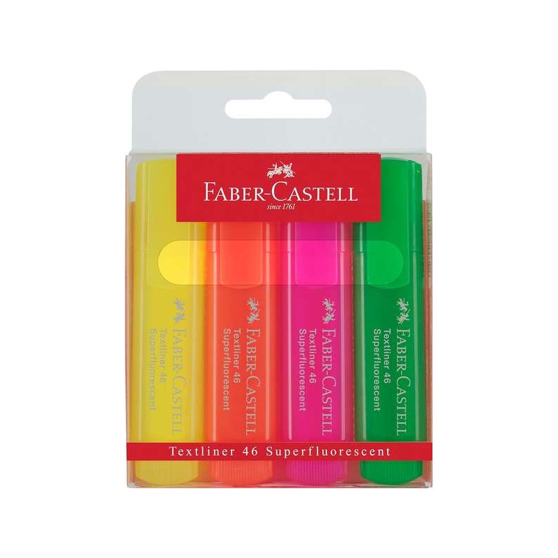 Faber-Castell Textliner 46 Superfluorescente - Confezione da 4 pennarelli fluorescenti - Punta smussata - Linea da 1 mm 