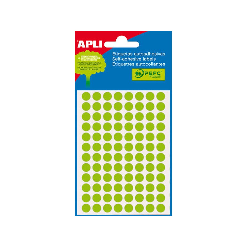 Minibag Apli di 288 etichette rotonde Ø 8 mm - 3 fogli per 96 etichette - Adesivo permanente - Colore verde fluoro