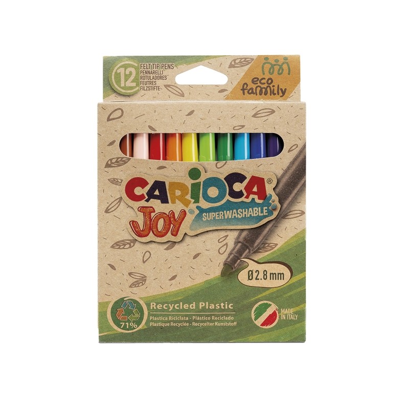 Carioca Joy Eco Family Confezione da 12 penne a punta fine con blocco da 2.8 mm - Inchiostro superlavabile - Cappuccio v