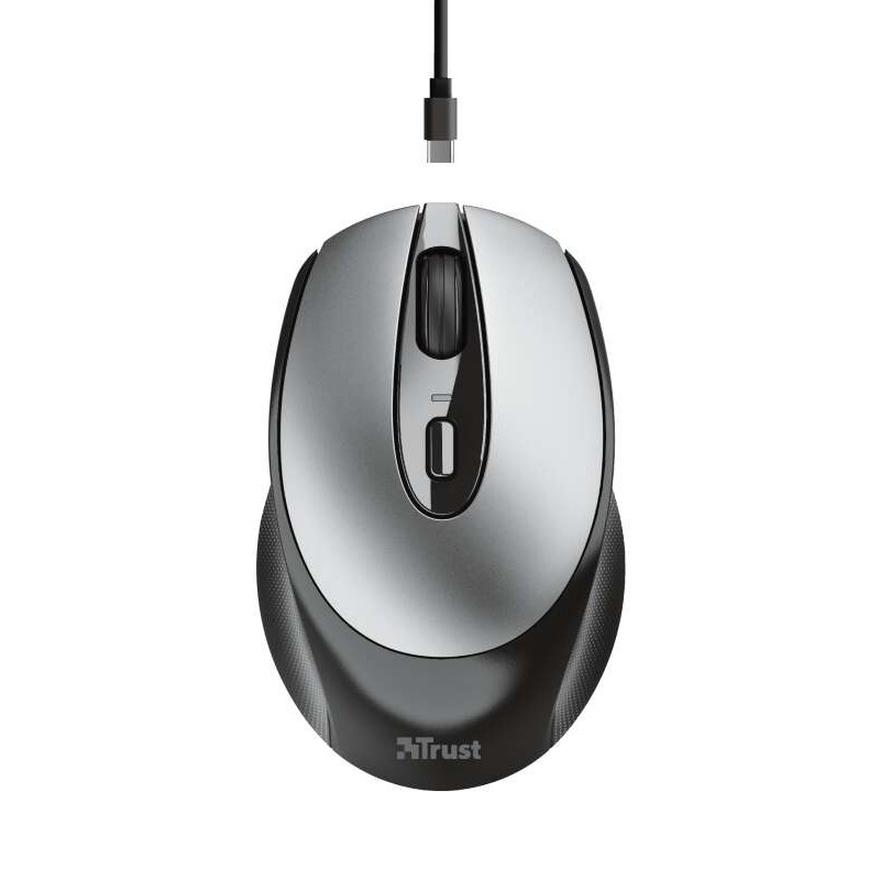 Trust Zaya 1600dpi USB Mouse senza fili ricaricabile - 3 pulsanti - Ambidestro - Grigio/Nero - Colore: Grigio/Nero