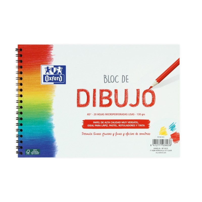 Oxford School Drawing A5+ Blocco da disegno a spirale - Copertina morbida/Dorso rigido - 20 fogli 130 gsm in tinta unita