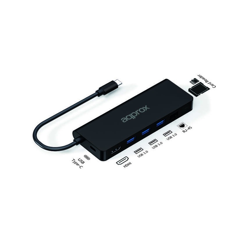 Hub USB-C 8 in 1 con 3x USB-A 3.0 - 1x HDMI - 1x RJ-45 - 1x USB-C PD - lettore microSD e lettore SD - Cavo di 18 cm circ