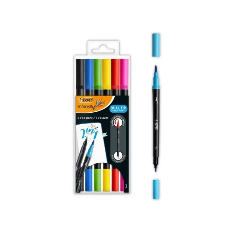 Bic Intensity Dual Tip 6-Pack Penna a doppia punta - Punta a pennello + punta fine - Inchiostro a base d'acqua - Colori 