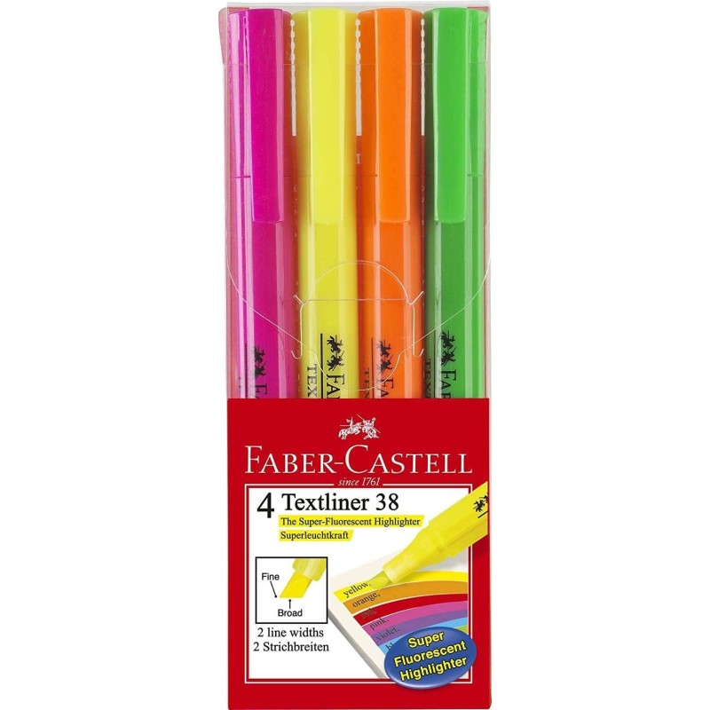 Faber-Castell Textliner 38 Confezione da 4 evidenziatori - Corpo sottile - Punta smussata - Linea spessa e sottile - Inc