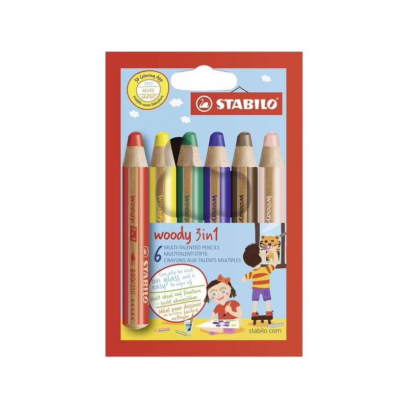 Stabilo Woody 3 in 1 confezione da 6 matite colorate - Matita colorata. matita a cera e acquerello. tutto in uno - mina 