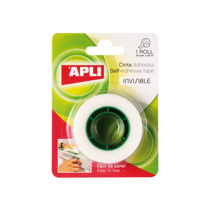 Apli Nastro adesivo invisibile 19 mm x 33 m - Facile da tagliare - Resistente - Ideale per l'ufficio - Trasparente