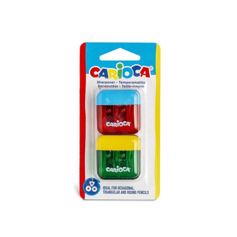 Carioca Confezione da 2 mini temperamatite a 2 fori con serbatoio - Cappuccio di sicurezza sulla lama - Colori assortiti