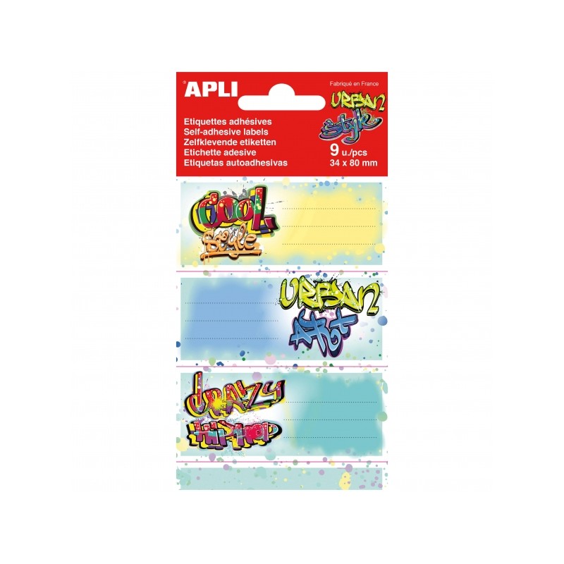 Apli Confezione da 9 etichette scolastiche modello graffiti - Dimensioni 81x36 mm - Adesivo permanente - Ideale per cont