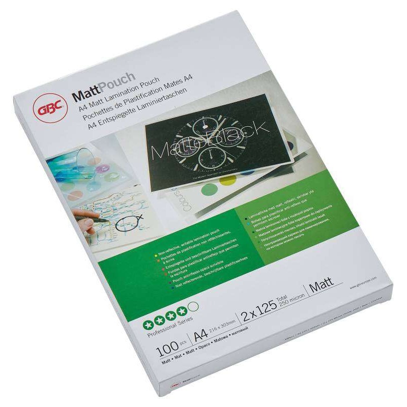 GBC Matte Laminating Wallets - A4. 2x125 Micron - Resistente all'acqua - Finitura opaca - Dimensioni 216x303 mm - Superf