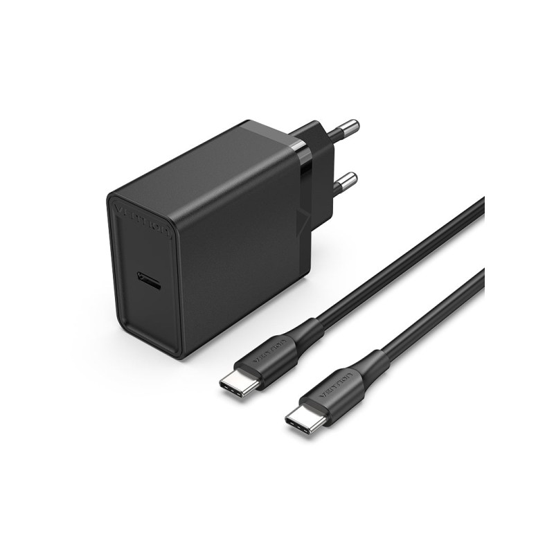 Vention Caricatore da parete USB-C 25W - Cavo USB-C 1m - PD3.0 - Nero - Cavo USB-C 1m - PD3.0 - Nero