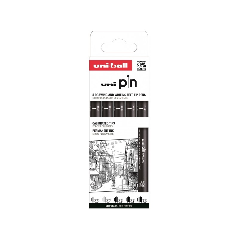 Uni-ball Uni Pin Classic II confezione da 5 penne calibrate da 0.2. 0.4. 0.6. 0.8 e 1.0 - Punta in poliacetale - Inchios