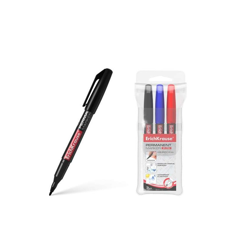 Erichkrause Confezione da 3 pennarelli permanenti P-70 - Punta a proiettile da 1.0 mm - Resistenti all'acqua e alla luce