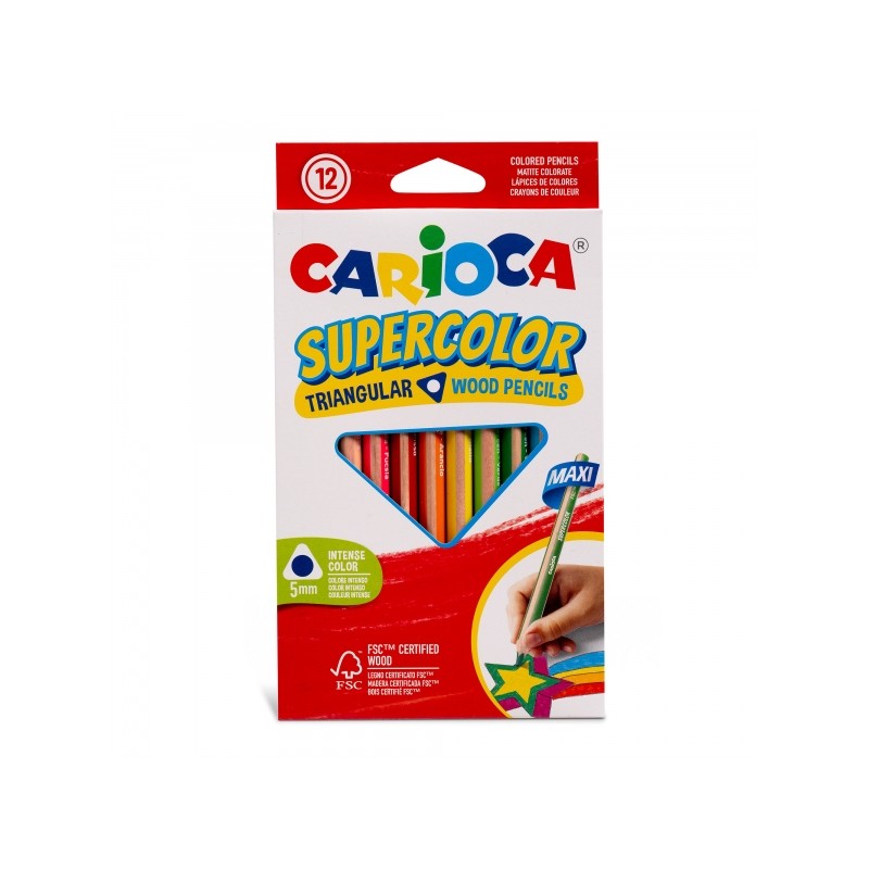 Carioca Supercolour Confezione da 12 matite in legno - Corpo triangolare maxi - Colori intensi e alta opacità - Matita 