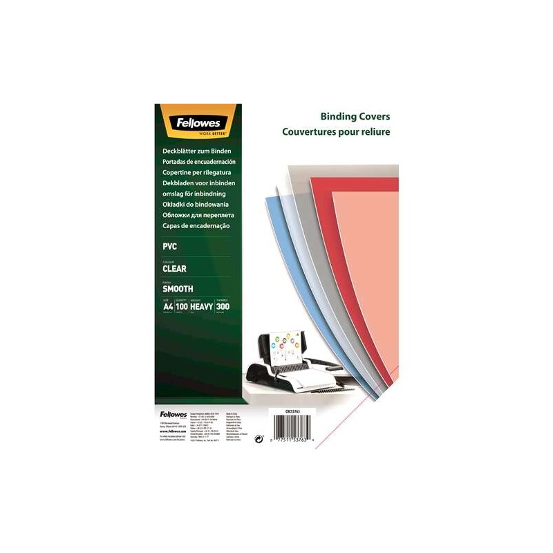 Fellowes Confezione da 100 copertine per rilegatura in PVC A4 - 300 Micron - Resistenti - Trasparenti