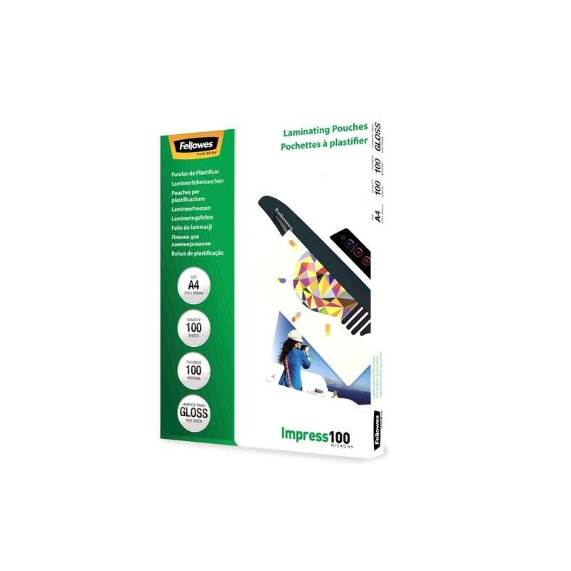 Fellowes Confezione da 100 maniche di laminazione lucide A4 - 100 Micron - Alta qualità - Trasparente