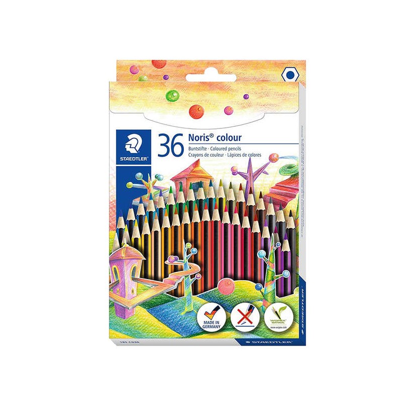 Staedtler Noris Colour 185 Confezione da 36 matite colorate esagonali - In Wopex - Altamente resistente - Legno di prove