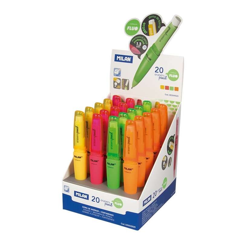 Milan Capsule Fluo Display da 20 matite meccaniche - mina 1.3 mm 2B grafite - gomma Milano Extra Large - Colori assortit