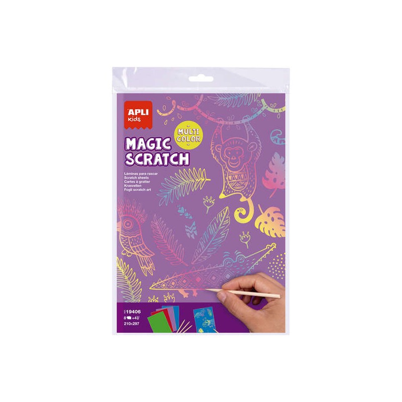 Apli Magic Scratch Colours Confezione da 8 laminati da grattare - Dimensioni 210 x 297 mm - Colori assortiti