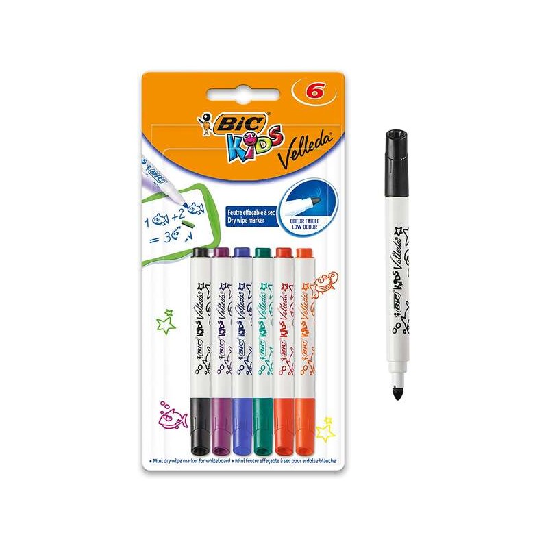 Bic Kids Mini Velleda confezione da 6 pennarelli per lavagna bianca - Punta bloccata - Inchiostro a base di alcol - Canc