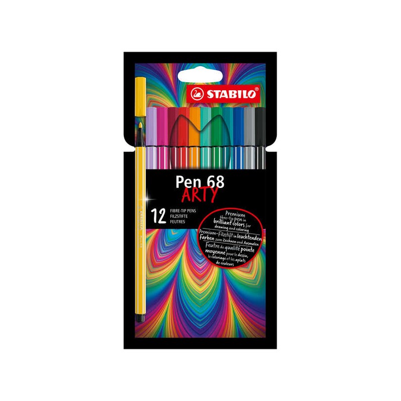 Stabilo Pen 68 Arty Confezione da 12 penne con punta in fibra - Punta in fibra - Tratto di circa 1 mm - Inchiostro a bas
