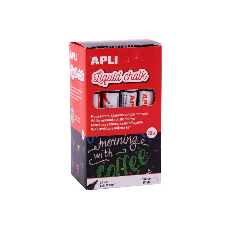 Apli Confezione da 12 pennarelli a gesso liquido - Punta tonda da 5.5 mm - Ideale per lavagne bianche. plastica. finestr