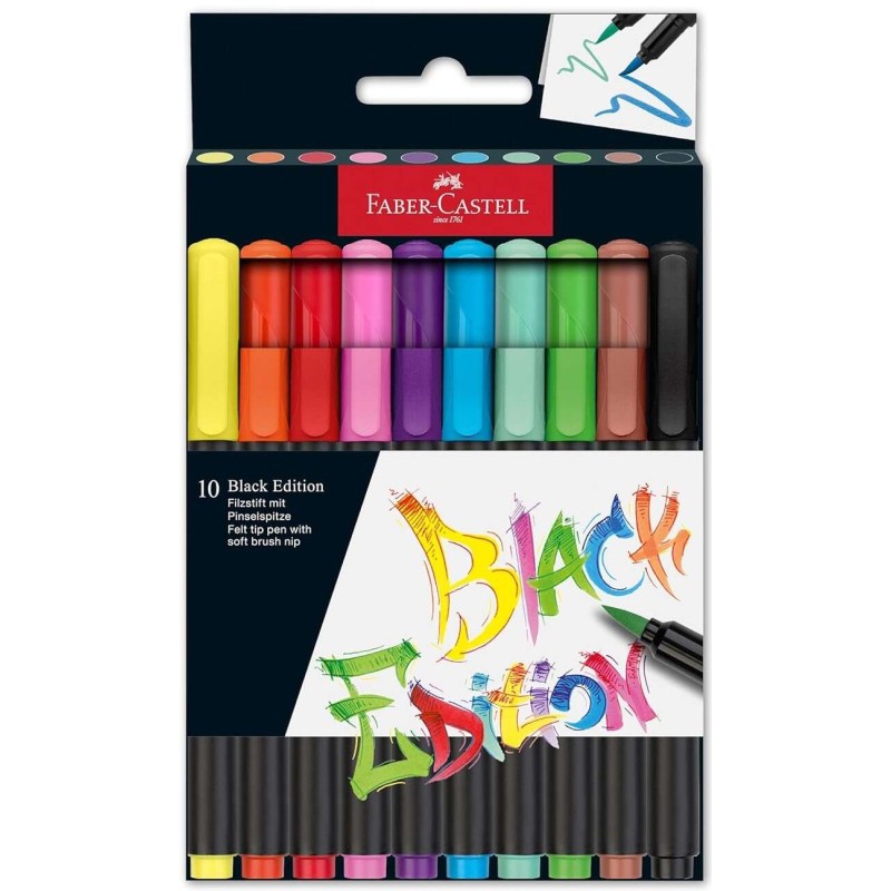 Faber-Castell Black Edition Confezione da 10 pennarelli con punta a pennello - Inchiostro per colorazione alimentare - C